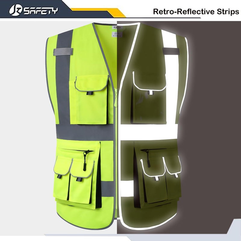 JKSafety 10 Pocket Class 2 High Visibility Zipper Front Yellow Safety Vest with High Reflective Strips - Meets ANSI/ISEA Standards (88-Yellow, Large) - Image 2